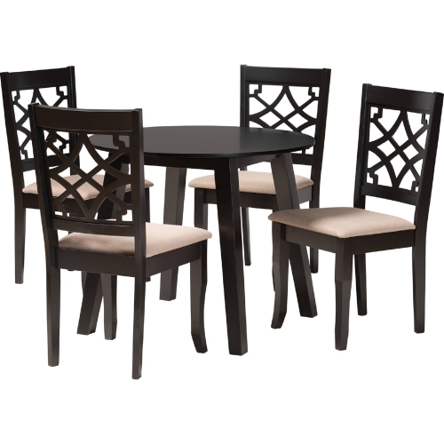 Thea 5 Piece Dining Set in Dark Brown Wood & Beige Fabric