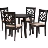 Thea 5 Piece Dining Set in Dark Brown Wood & Beige Fabric