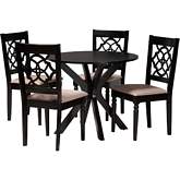 Sadie 5 Piece Dining Set in Espresso Brown Wood & Beige Fabric