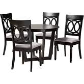 Estelle 5 Piece Dining Set in Dark Brown Wood & Grey Fabric