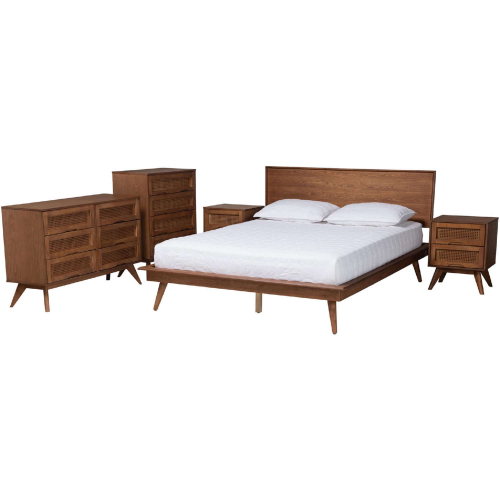 Melora Queen 5 Piece Bedroom Set in Walnut Brown Finish Wood & Rattan