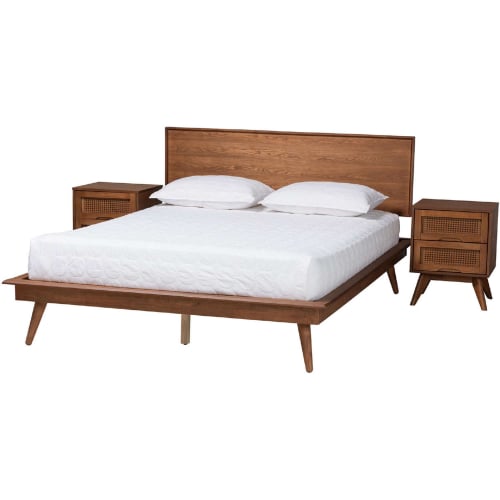 Melora King 3 Piece Bedroom Set in Walnut Brown Finish Wood & Rattan