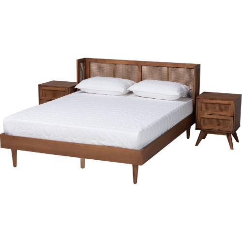 Rina 3 Piece Queen Bedroom Set in Ash Walnut Finish Wood & Poly Rattan