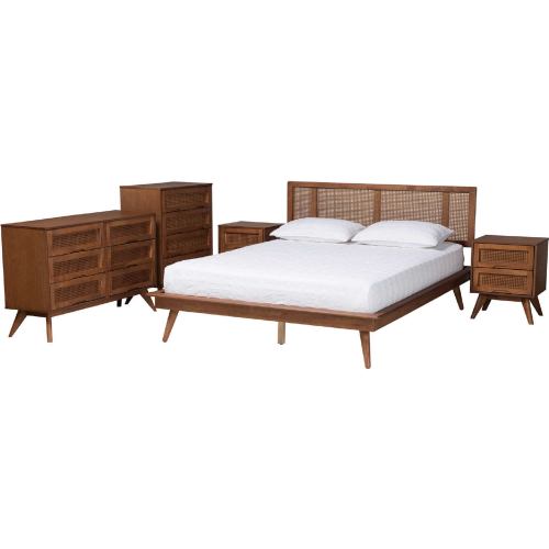 Nura Queen 5 Piece Bedroom Set in Walnut Brown Finish Wood & Rattan