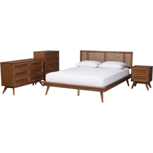 Nura Full 4 Piece Bedroom Set in Walnut Brown Finish Wood & Rattan