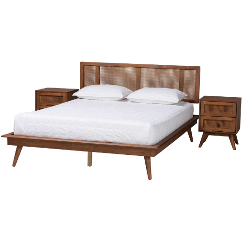 Nura King 3 Piece Bedroom Set in Walnut Brown Finish Wood & Rattan