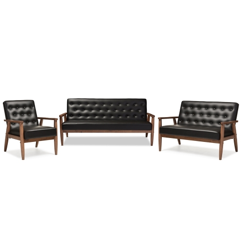 Sorrento Sofa Set in Tufted Black Leatherette & Walnut