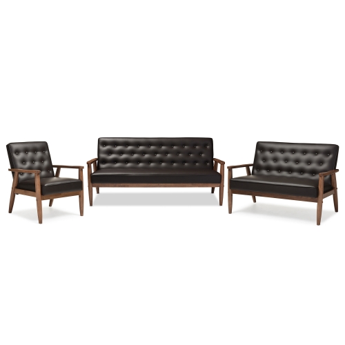 Sorrento Sofa Set in Tufted Brown Leatherette & Walnut