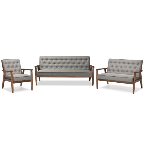 Sorrento Sofa Set in Tufted Gray Fabric & Walnut