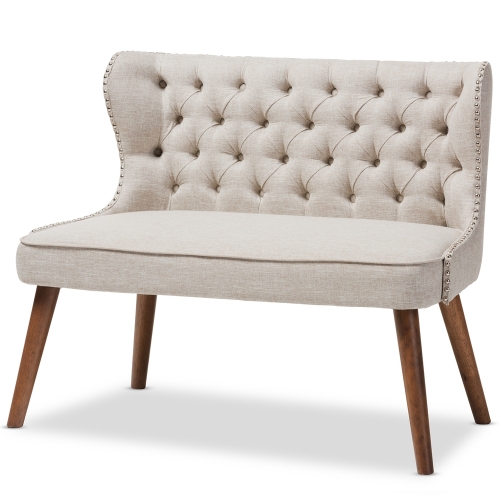 Scarlett Loveseat Settee in Tufted Light Beige Fabric & Walnut Finish