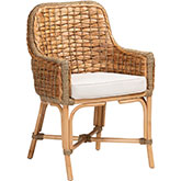 Kyle Dining Arm Chair in Natural Brown Woven Rattan & White Fabric