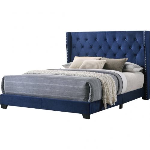 B144 Full Panel Bed in Tufted Navy Blue Velvet