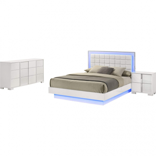 B750 3 Piece King Bedroom Set in Gloss White, Tufted White Leatherette & LED