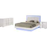 B750 3 Piece King Bedroom Set in Gloss White, Tufted White Leatherette & LED