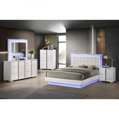 B750 5 Piece King Bedroom Set in Gloss White, Tufted White Leatherette & LED