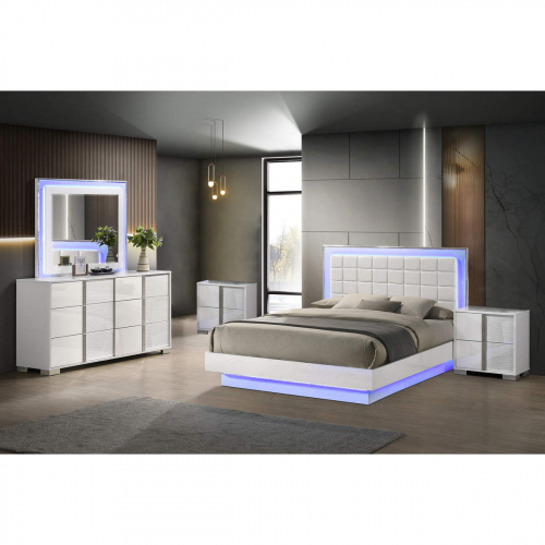 B750 5 Piece King Bedroom Set in Gloss White, Tufted White Leatherette & LED