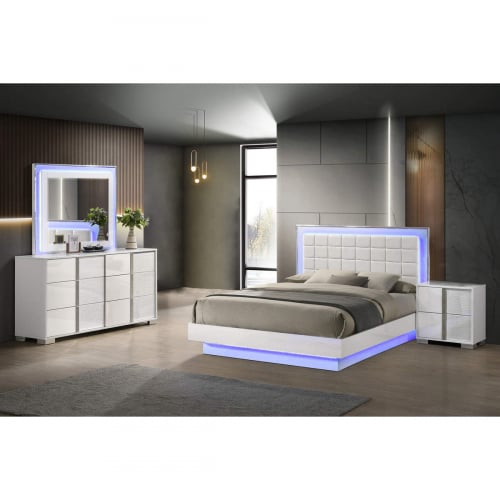 B750 4 Piece King Bedroom Set in Gloss White, Tufted White Leatherette & LED