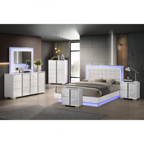 B750 6 Piece King Bedroom Set in Gloss White, Tufted White Leatherette & LED