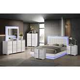 B750 6 Piece Queen Bedroom Set in Gloss White, Tufted White Leatherette & LED