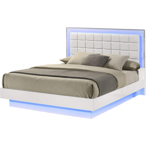 B750 King Floating Platform Bed in White Lacquer, Tufted Leatherette & LED