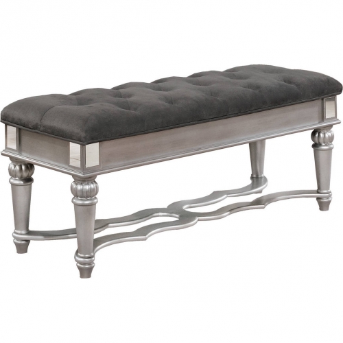 B81 Bench in Tufted Gray Velvet, Metallic Gray & Mirror