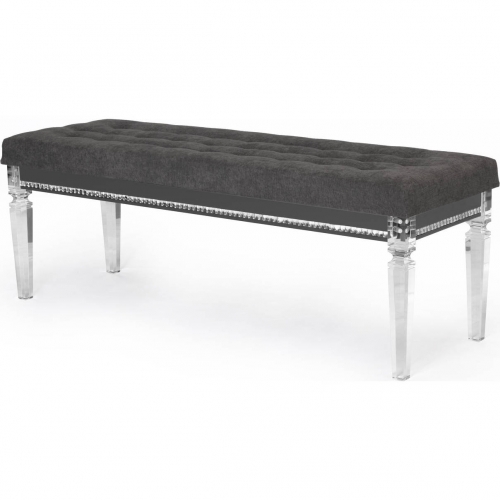 BEL Bench in Tufted Gray Fabric, Acrylic & Faux Crystal