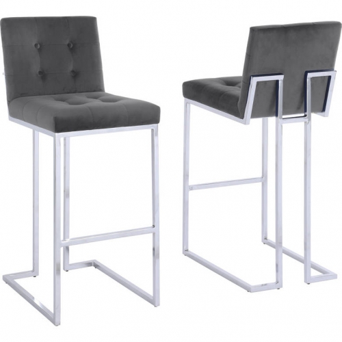 BS2 Bar Stool in Tufted Dark Gray Velvet & Chrome Legs (Set of 2)