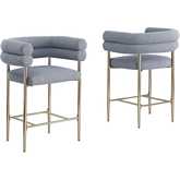 CH04 Counter Stool Chair in Gray Teddy Faux Fur Fabric & Gold Chrome (Set of 2)