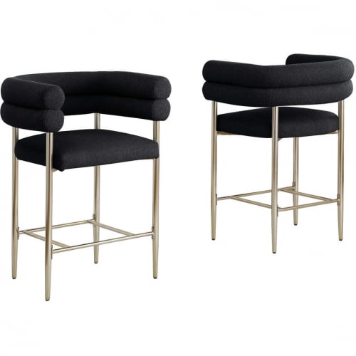 CH05 Counter Stool Chair in Black Teddy Faux Fur Fabric & Gold Chrome (Set of 2)