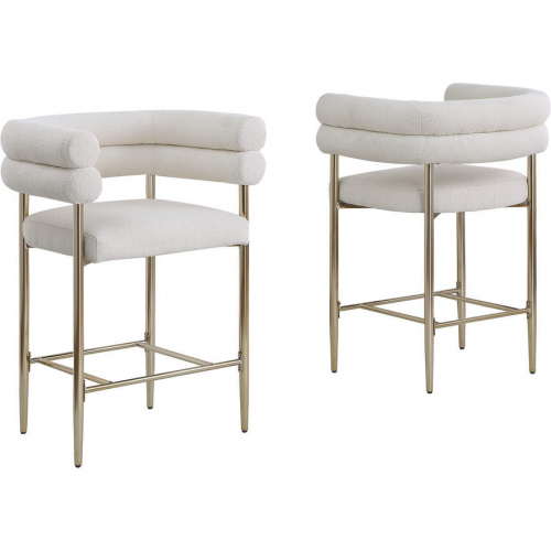 CH06 Counter Stool Chair in Beige Teddy Faux Fur Fabric & Gold Chrome (Set of 2)