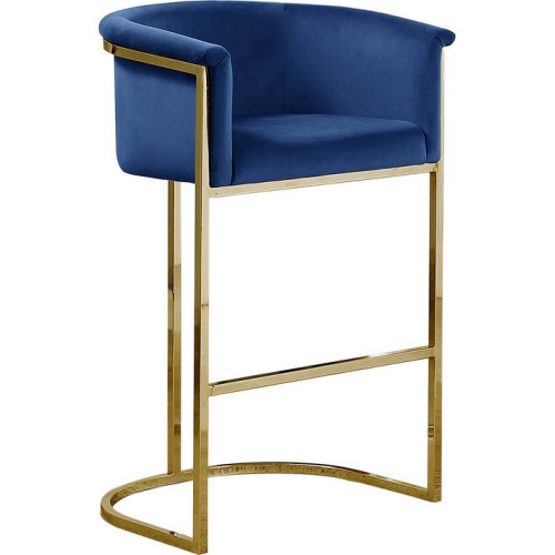 CH2 Counter Stool in Navy Blue Velvet & Gold Metal Chrome