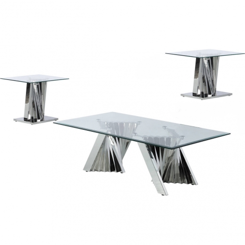 CT01 Coffee & 2 End Table Set in Glass & Silver Stainless Steel