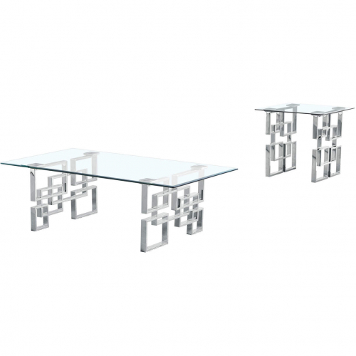 CT233 2 Piece Coffee Table Set in Tempered Glass & Silver Stainless Steel