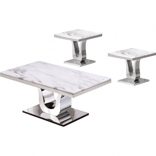 CT2 3 Piece Coffee & 2 End Table Set in White Marble & Silver Stainless Steel