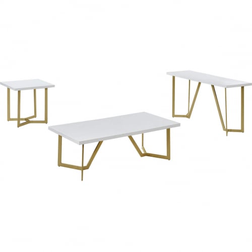 CT283 3 Piece Coffee Table Set in White Wood & Gold Legs