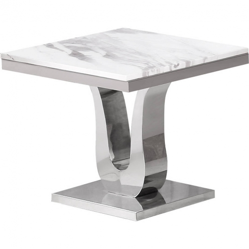 CT2 End Table in White Marble & Silver Stainless Steel