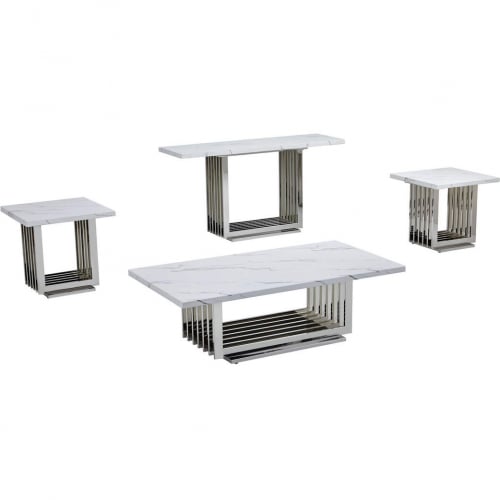 CT310 4 Piece Coffee Table Set in White Marble & Polished Stainless Steel