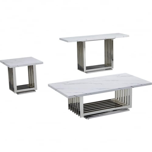 CT310 3 Piece Coffee Table Set in White Marble & Polished Stainless Steel