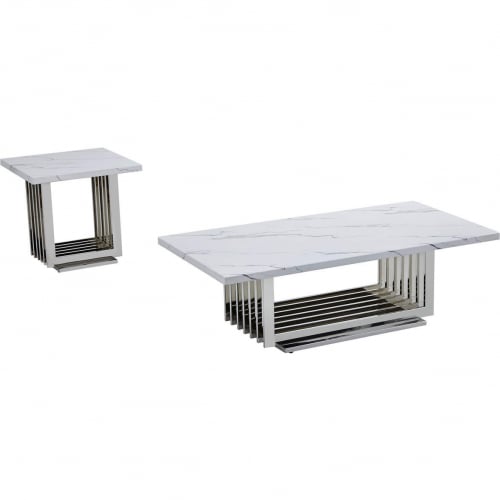 CT310 2 Piece Coffee Table Set in White Marble & Polished Stainless Steel