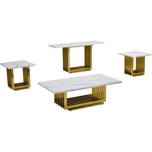 CT313 3 Piece Coffee Table Set in White Marble & Polished Gold Stainless Steel