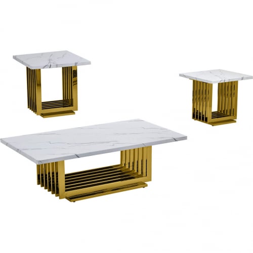 CT313 4 Piece Coffee Table Set in White Marble & Polished Gold Steel