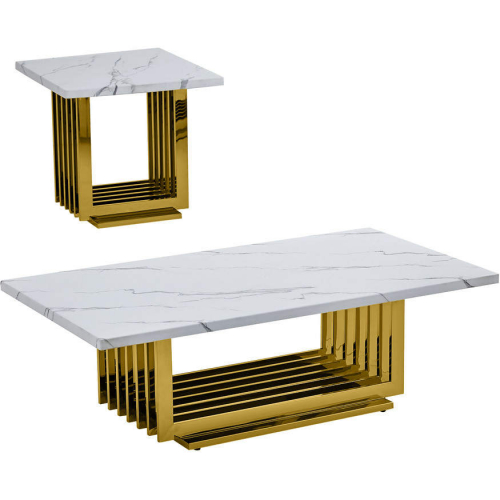 CT313 2 Piece Coffee Table Set in White Marble & Polished Gold Stainless Steel