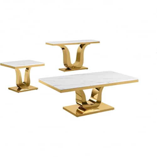 CT320 3 Piece Coffee Table Set in White Marble & Polished Gold Stainless Steel