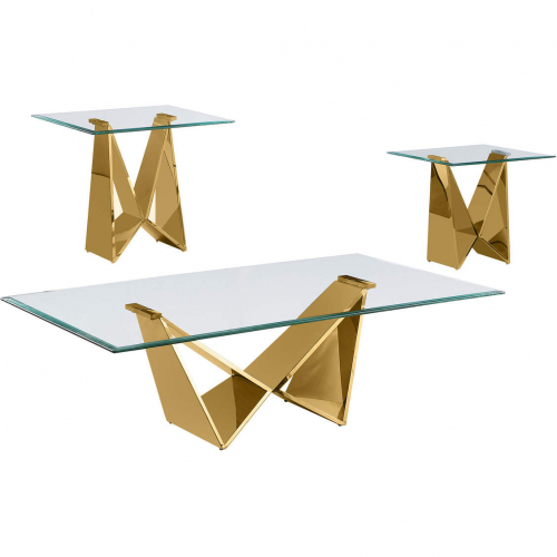 CT403 3 Piece Coffee Table Set in Tempered Glass & Polished Gold Stainless Steel