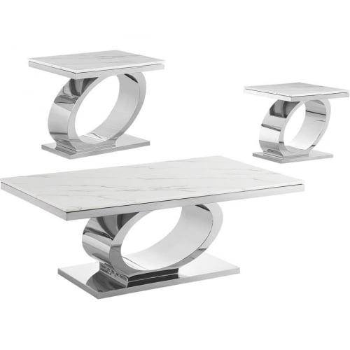 CT430 3 Piece Coffee Table Set in White Marble & Polished Steel