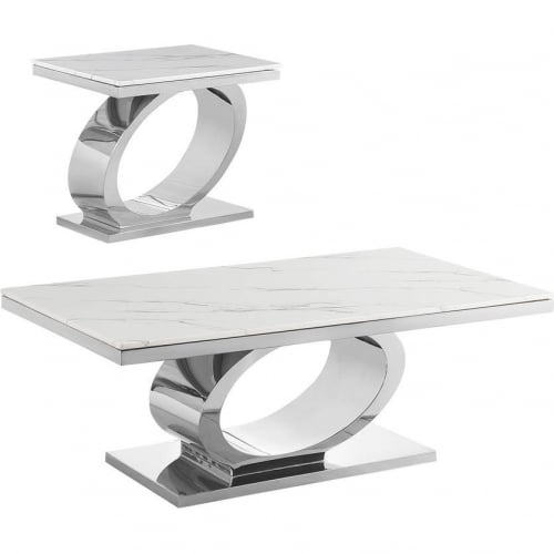 CT430 2 Piece Coffee Table Set in White Marble & Polished Steel