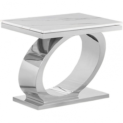 CT431 End Table in White Marble & Polished Stainless Steel Oval Base