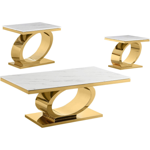 CT433 3 Piece Coffee Table Set in White Marble & Polished Gold Steel