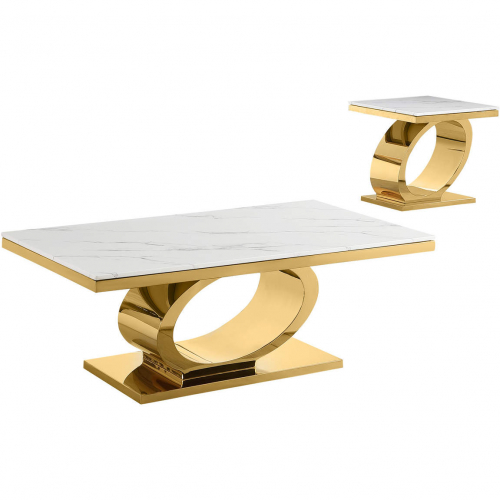 CT433 2 Piece Coffee Table Set in White Marble & Polished Gold Steel