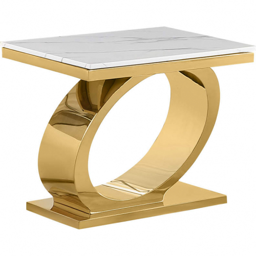 CT434 End Table in White Marble & Polished Gold Stainless Steel Oval Base